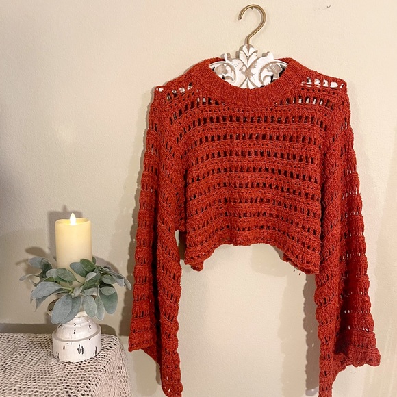 NWOT Free People Caught Up Bell-Sleeve Crochet Sweater - Picture 2 of 12